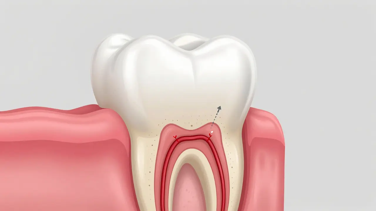 Anatomický řez zubem ukazující odhalený dentin a nerv
