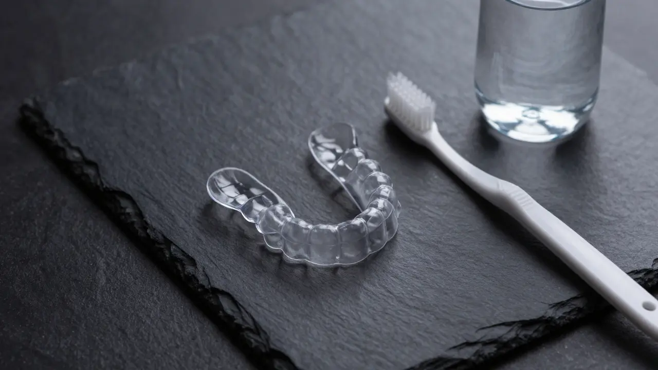 Čiré rovnátka a hygienické potřeby na tmavém podkladu