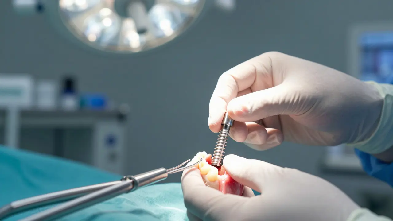 Detailní záběr na chirurgické umístění titanového zubního implantátu.