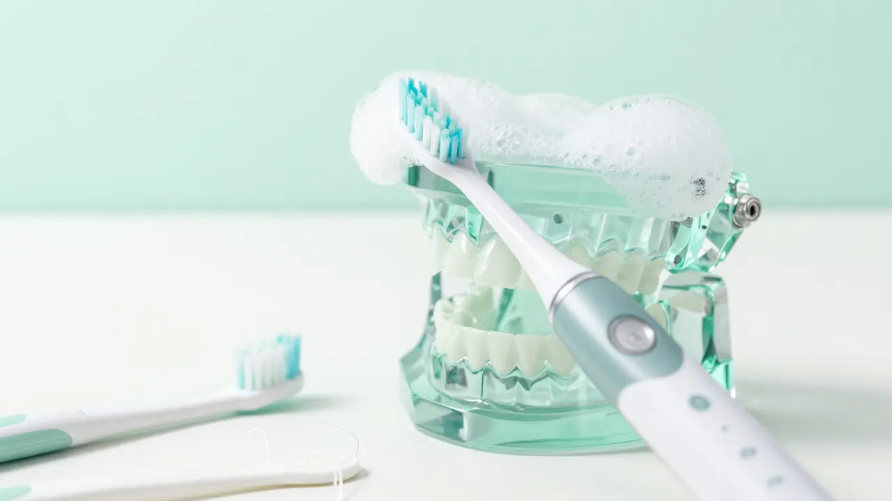 Elektrický kartáček v úhlu 45 stupňů k zoubům s hygienickými doplňky