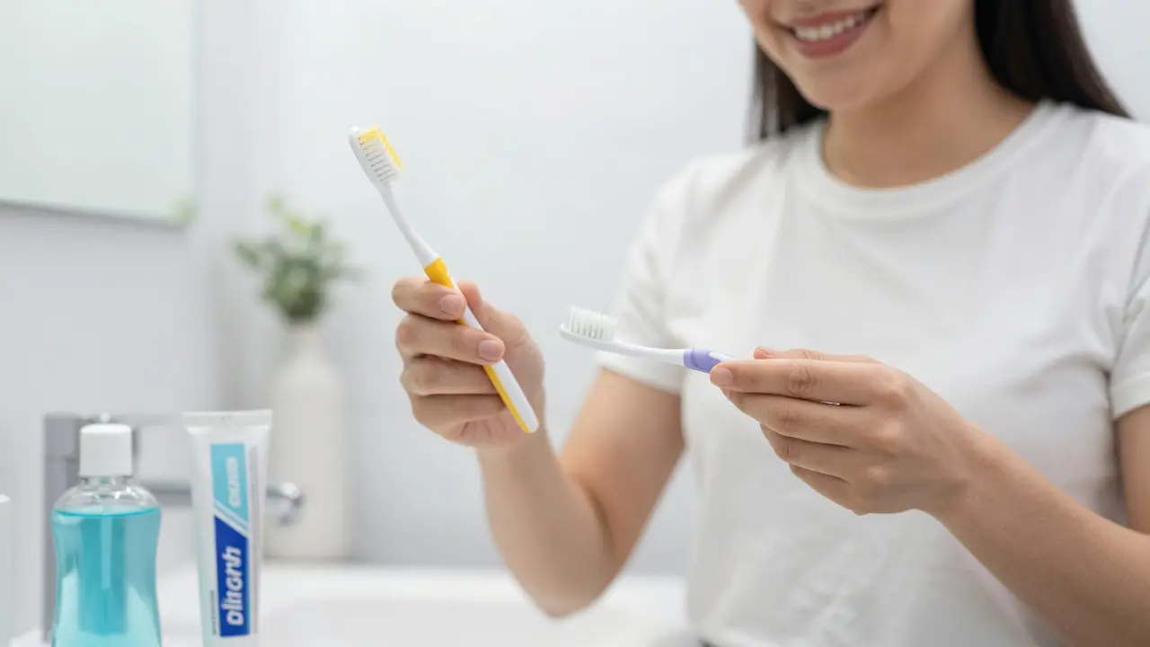 Úsměv s kartáčkem a nástroji pro prevenci zubního kamene
