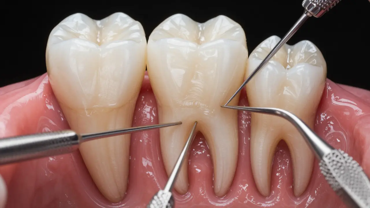 Detailní pohled na čištění kořenových kanálků stoličky