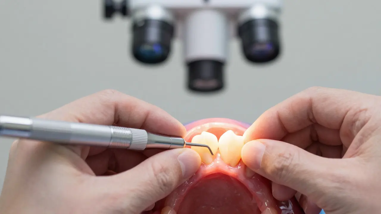 Zubní lékař používá speciální nástroj k diagnostice praskliny na zubu