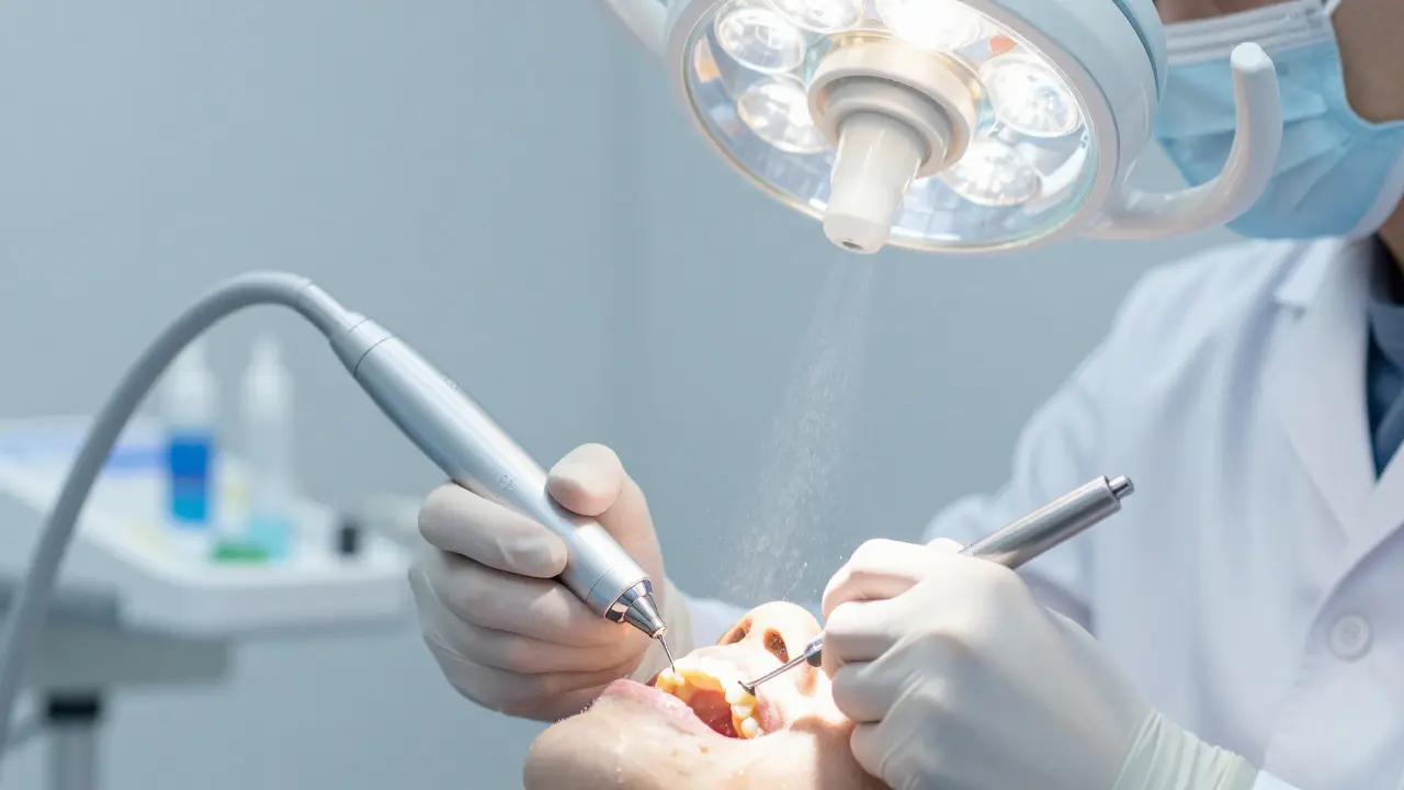 Dentální hygienistka odstraňuje kámen ultrazvukem