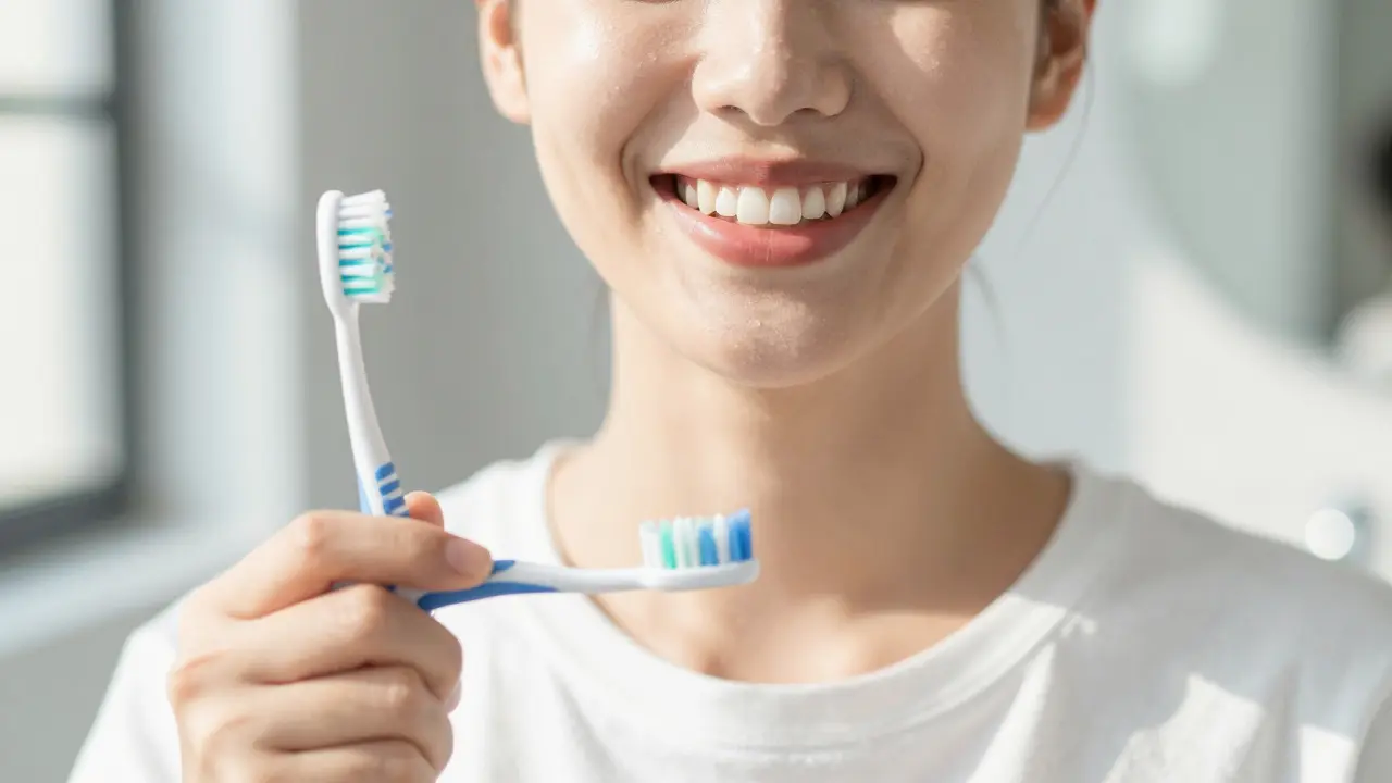Spokojený člověk s čistými zuby a hygienickými pomůckami