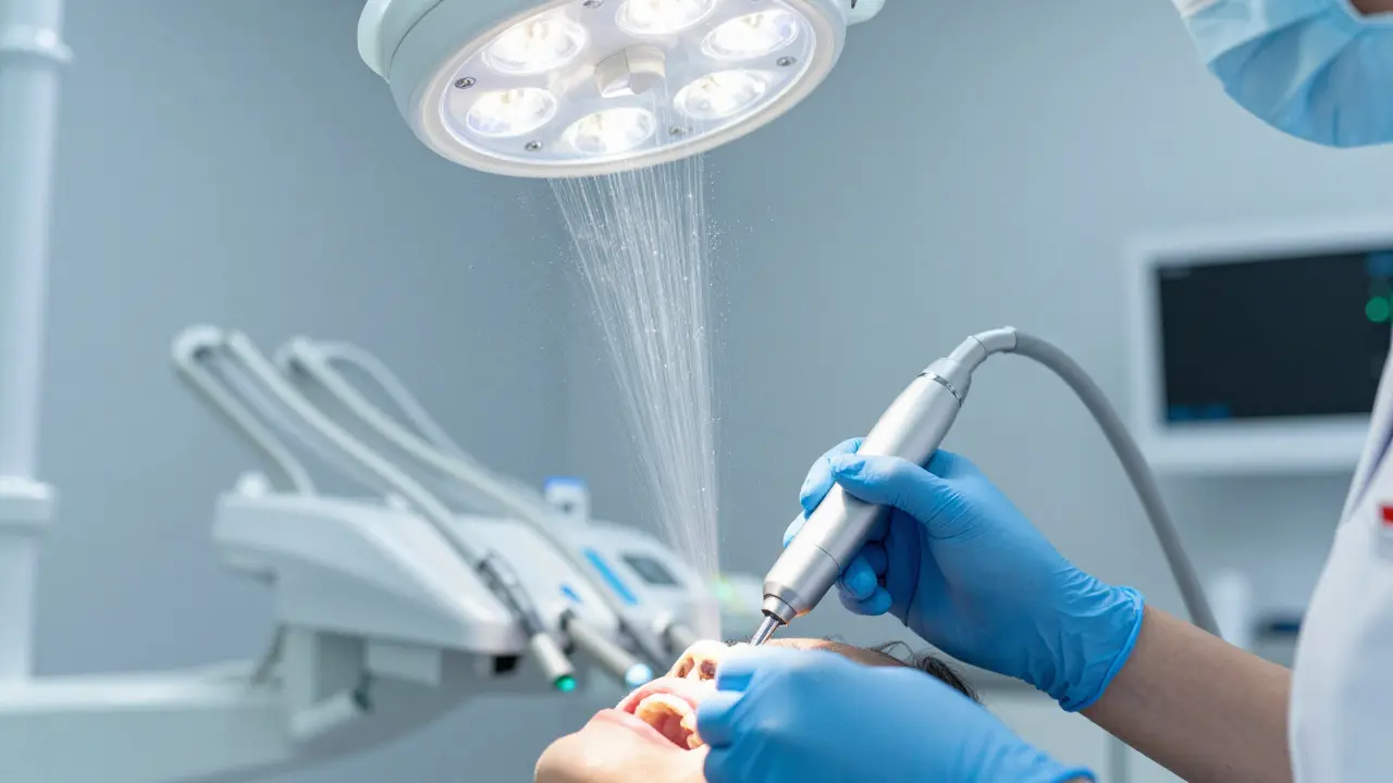 Zubní hygienista používá ultrazvukový nástroj k čištění zubů