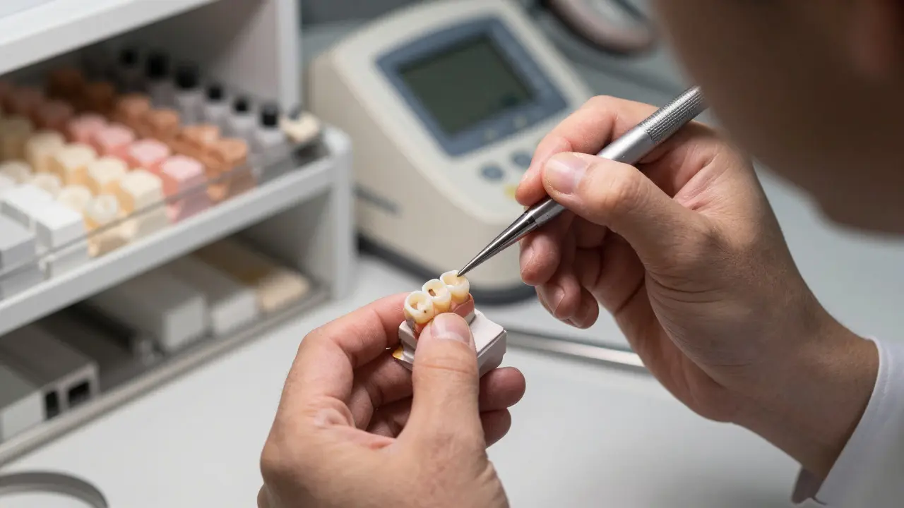 Zubní technik ručně zpracovává estetickou keramickou korunku