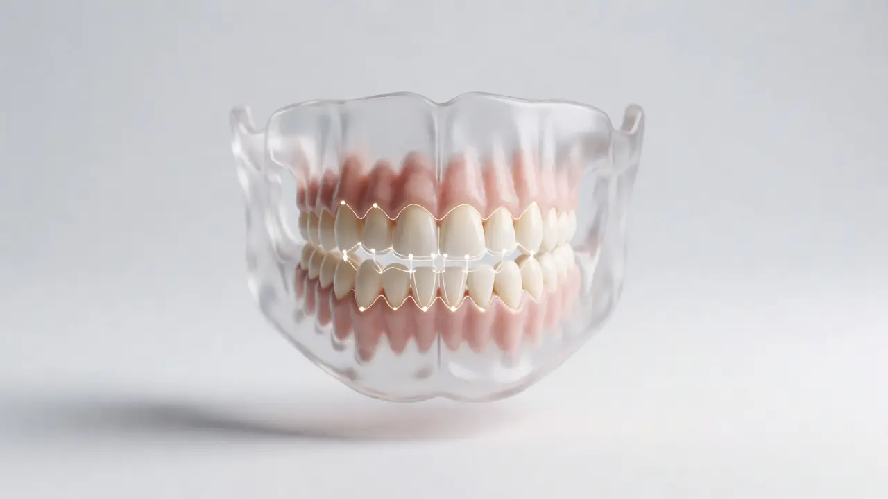 3D model čelisti znázorňující postupné narovnávání zubů