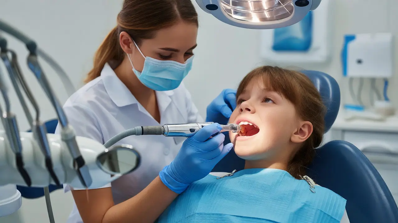 Dentální hygienistka odstraňuje zubní kámen u klidného dítěte