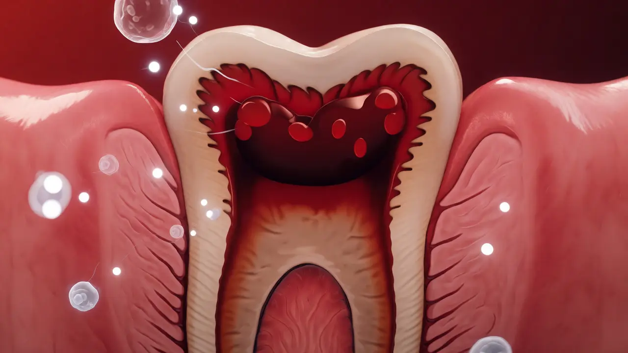 Detailní pohled na hojící se zubní lůžko s krevní sraženinou