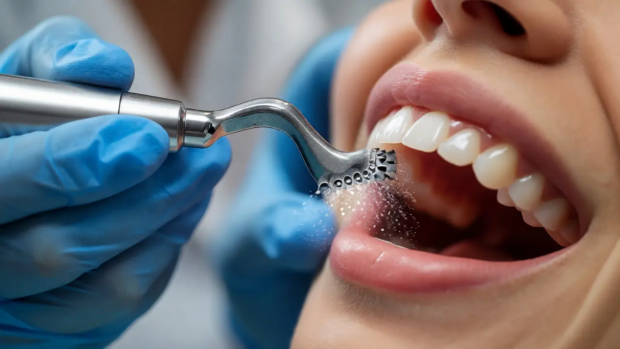 Hygienistka používá ultrazvukový přístroj s vodním mlhem na čištění zubů.