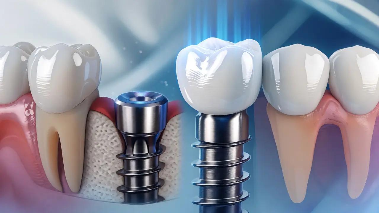 Ilustrace titanového implantátu s nasazenou přirozeně vypadající keramickou korunou.