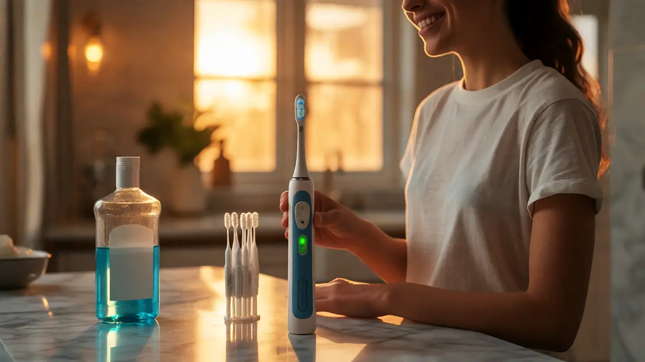 Osoba používá elektrický kartáček a mezizubní pomůcky v osvětlené koupelně.