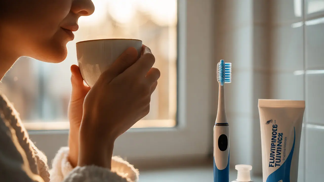 Osoba s kávou a dentálními potřebami v teplém osvětlení
