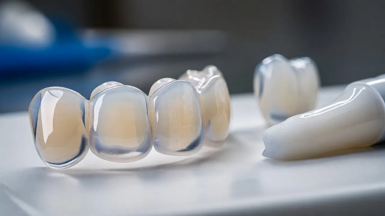 Porovnání keramických facety E-max a kompozitního materiálu v zubní laboratoři.