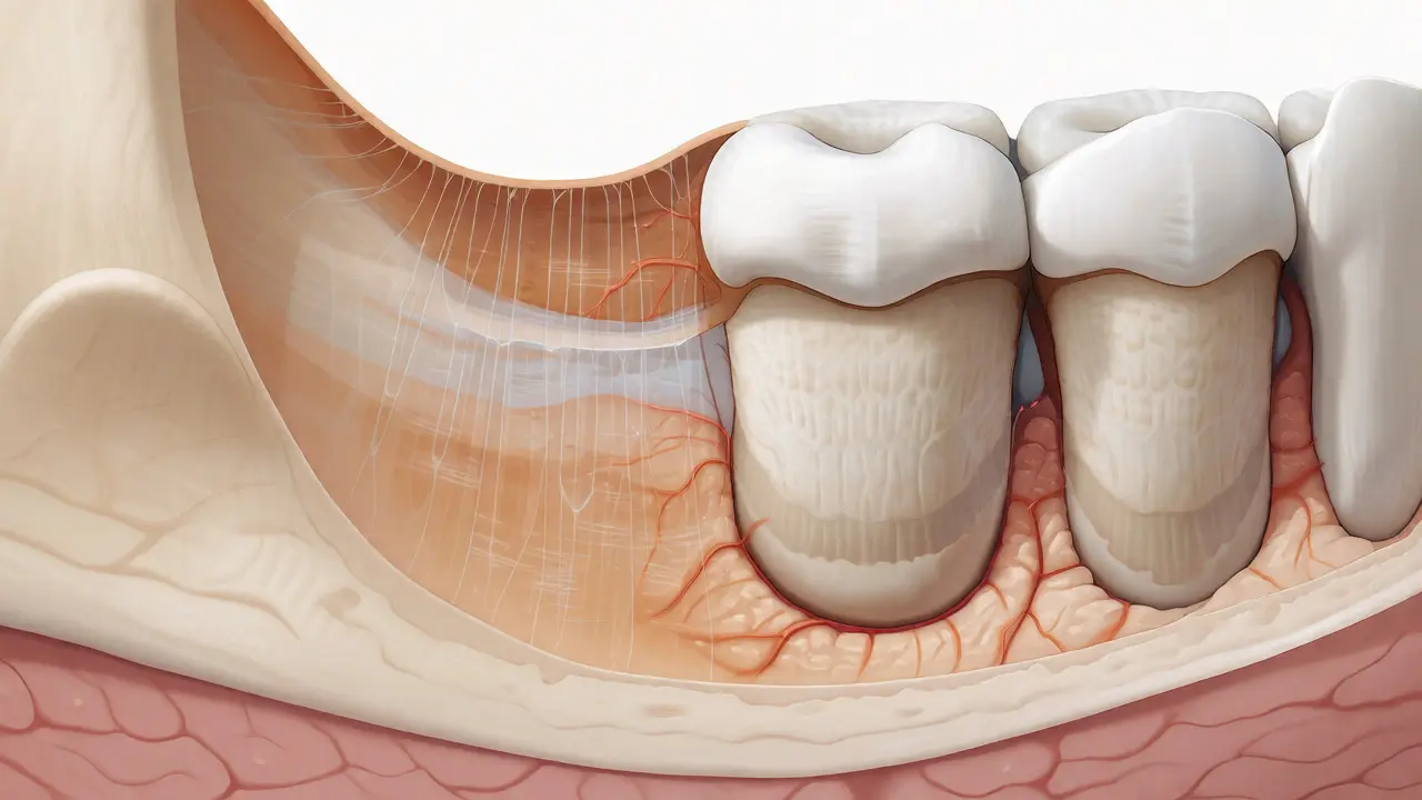 Anatomický řez čelistí znázorňující regeneraci kostní tkáně
