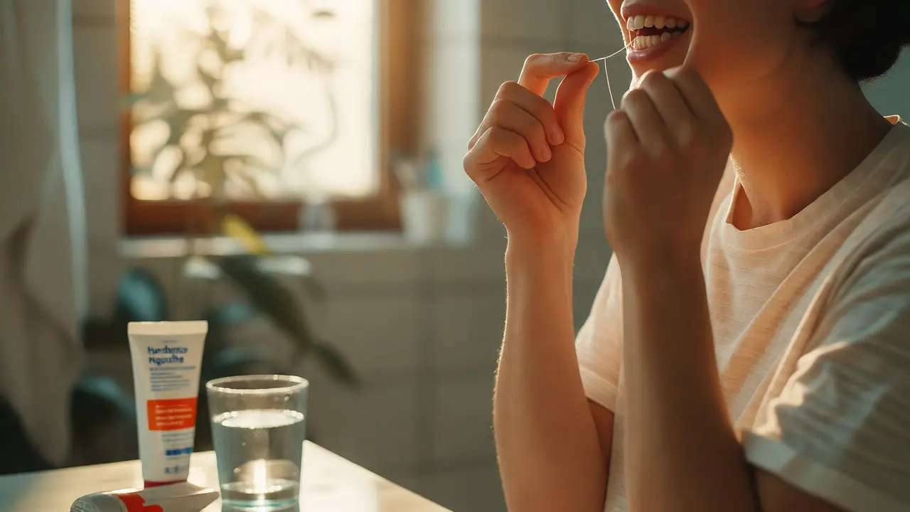 Člověk používá mezizubní nit pro prevenci kazu mezi zuby