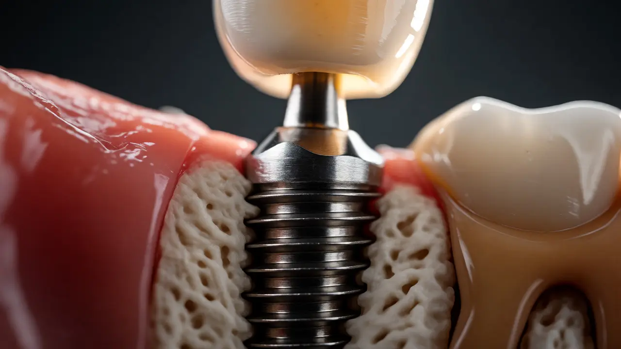 Detailní řez čelistí s integrovaným zubním implantátem a keramickou korunou