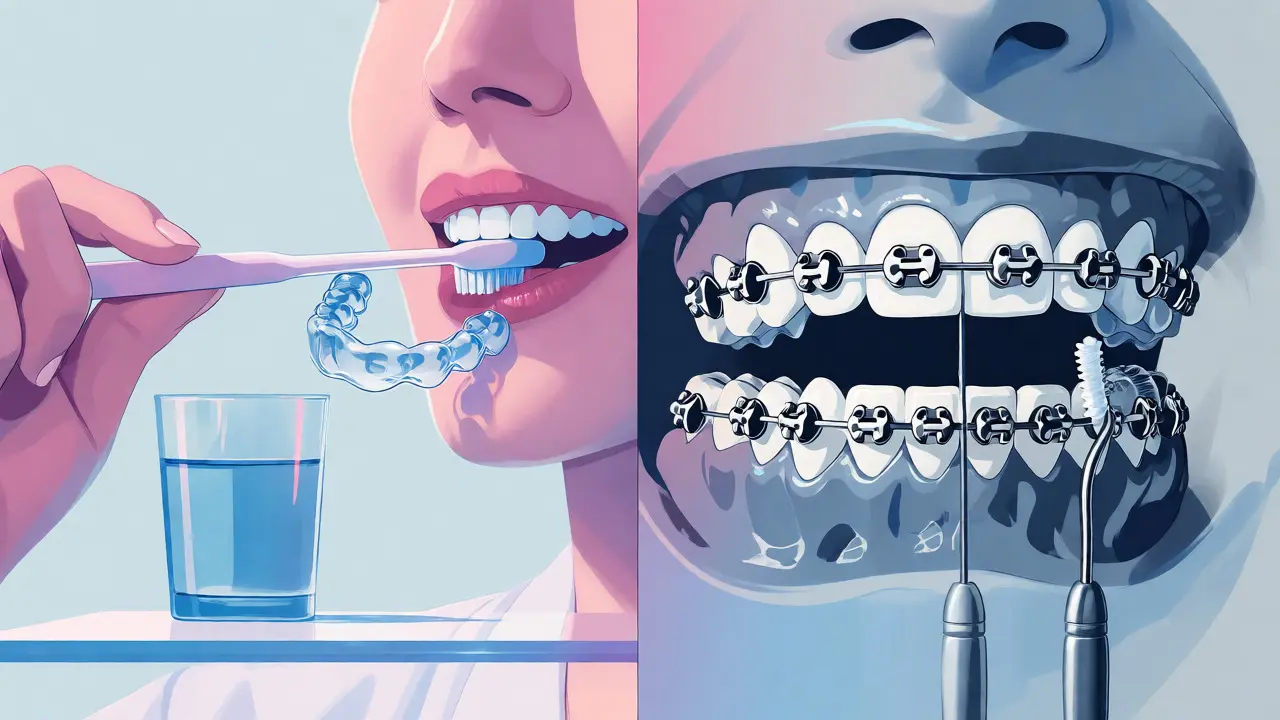 Ilustrace rozdílu v hygieně mezi rovnátky a alignery