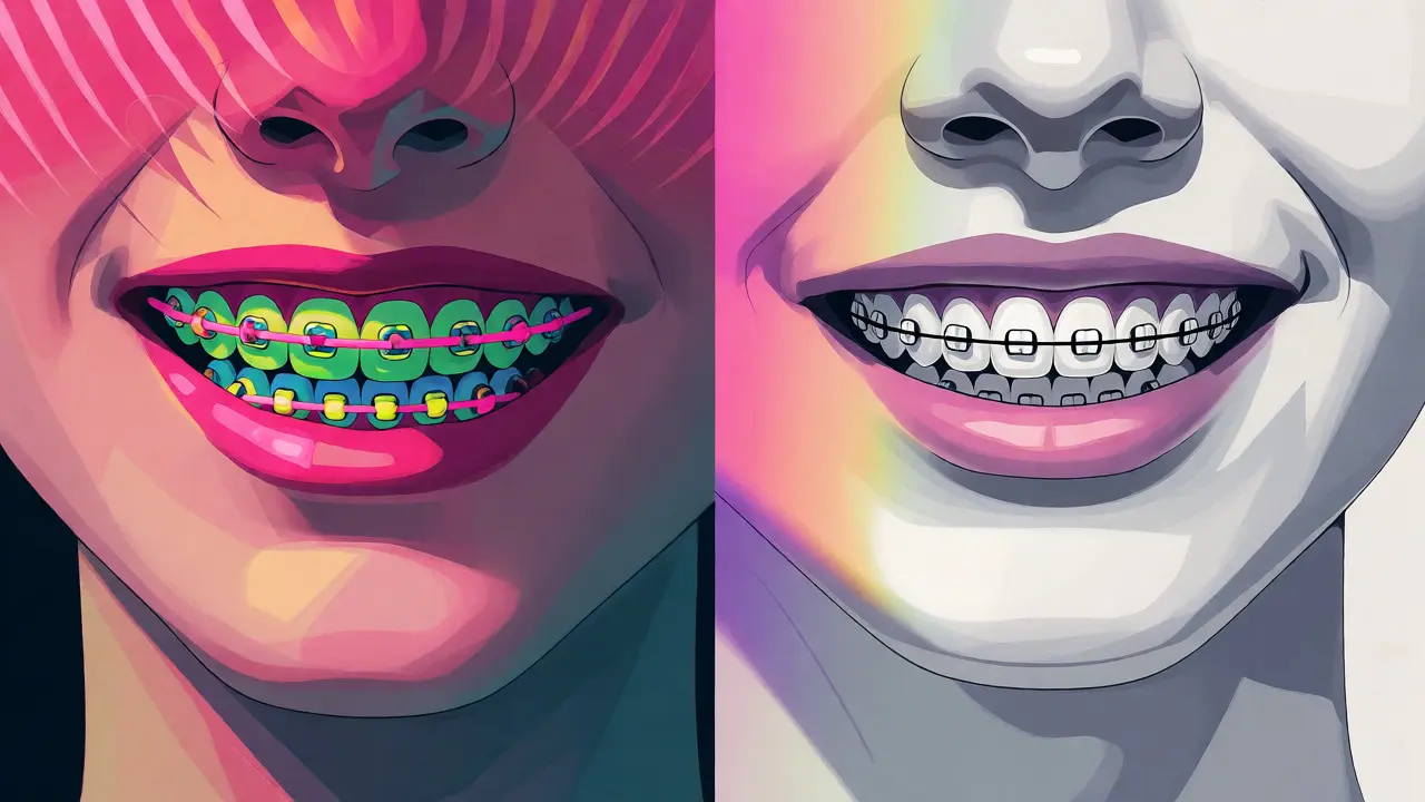 Konceptuální ilustrace přechodu od dětských barevných k po diskrétních rovnátkách