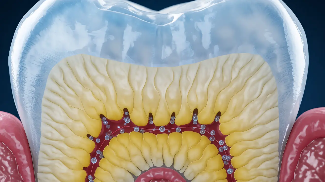 Makro pohled na strukturu zubu s viditelnými dentinovými kanálky.