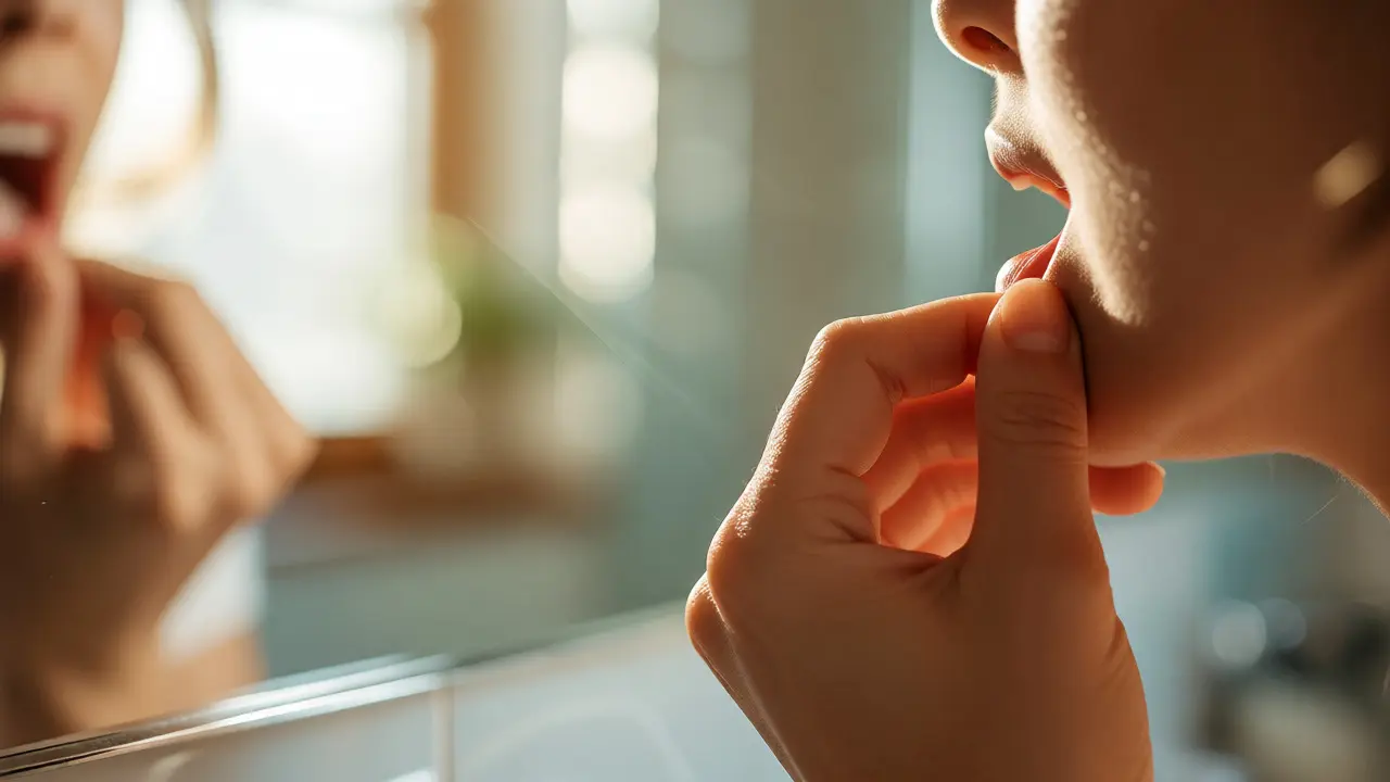 Osoba provádějící preventivní samovyšetření ústní dutiny před zrcadlem.