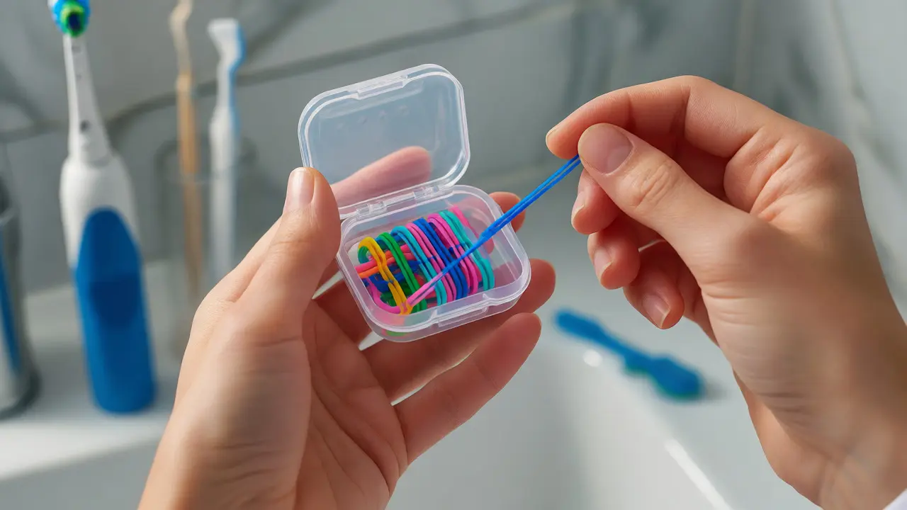 Ruce měnící barevnou ortodontickou gumičku nad hygienickým stolem