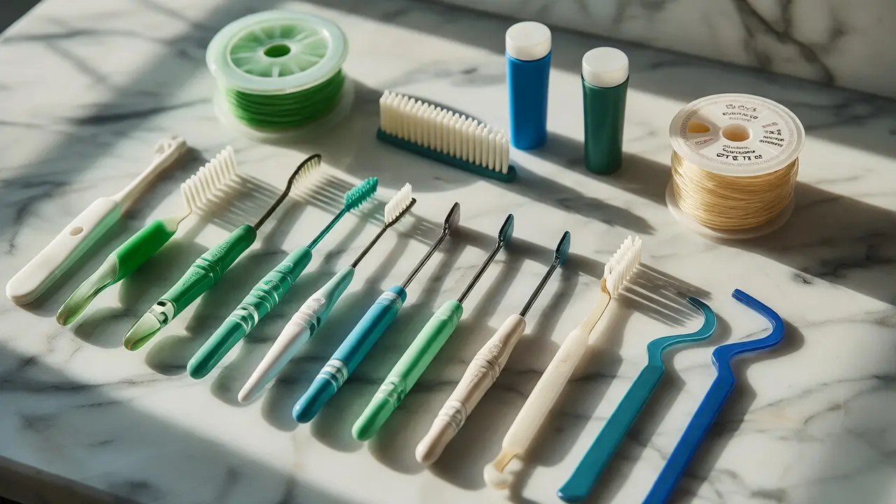 Sada různých pomůcek pro mezizubní hygienu na mramoru