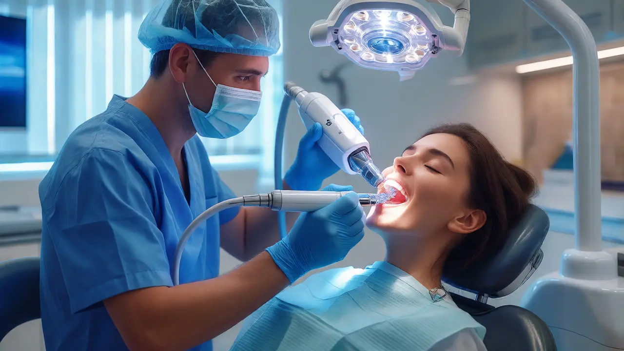 Stomatolog provádí laserové bělení zubů v ordinaci