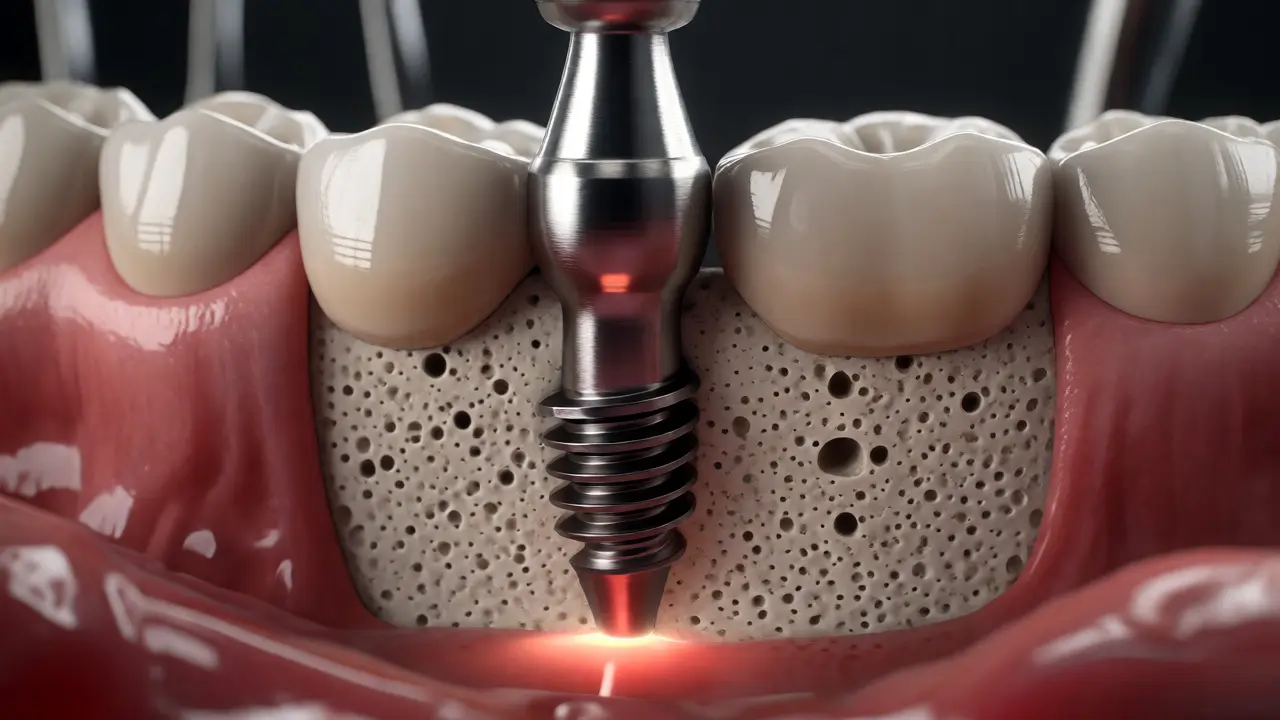 Titánový zubní implantát umístěný v uzdravené kosti