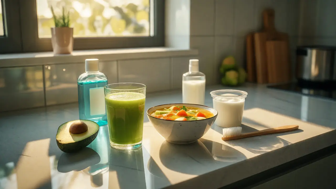 Zdravá tekutá strava pro regeneraci po operaci obličeje, včetně smoothie a polévek.