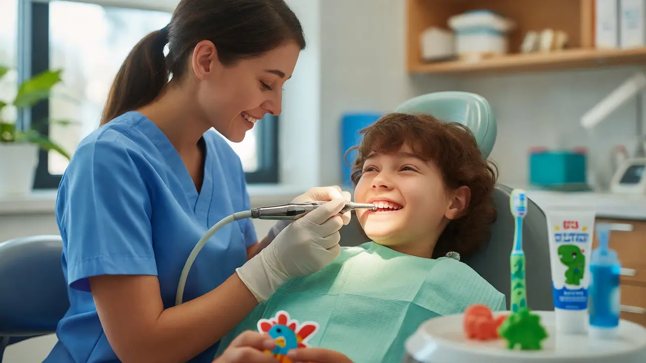 Zubní hygienista ošetřuje spokojené dítě v ordinaci.